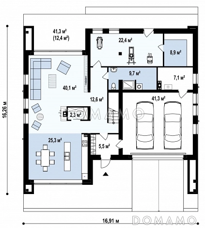 Проект современного двухэтажного дома из газобетона с тремя спальнями, спортзалом, сауной и гаражом для двух автомобилей / План 1 этажа