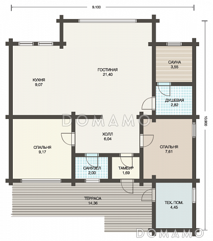 Проект одноэтажного дачного дома из клееного бруса / План 1 этажа