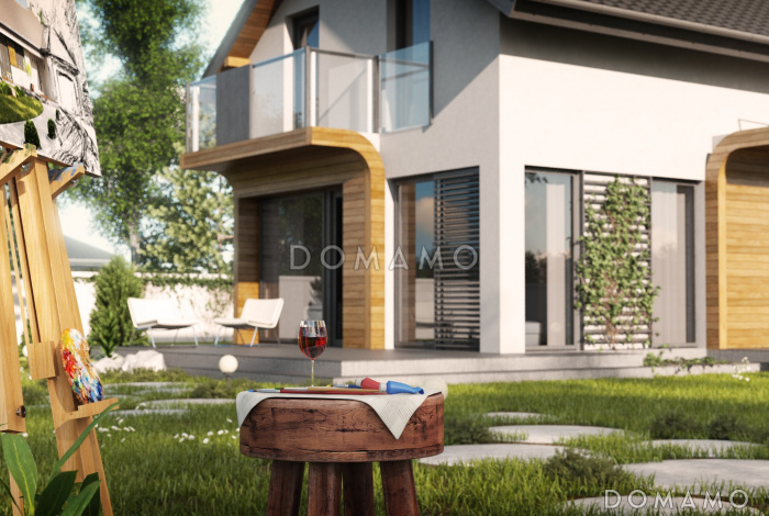 Проект мансардного одноэтажного дома из кирпича с тремя спальнями, гаражом и террасой над ним