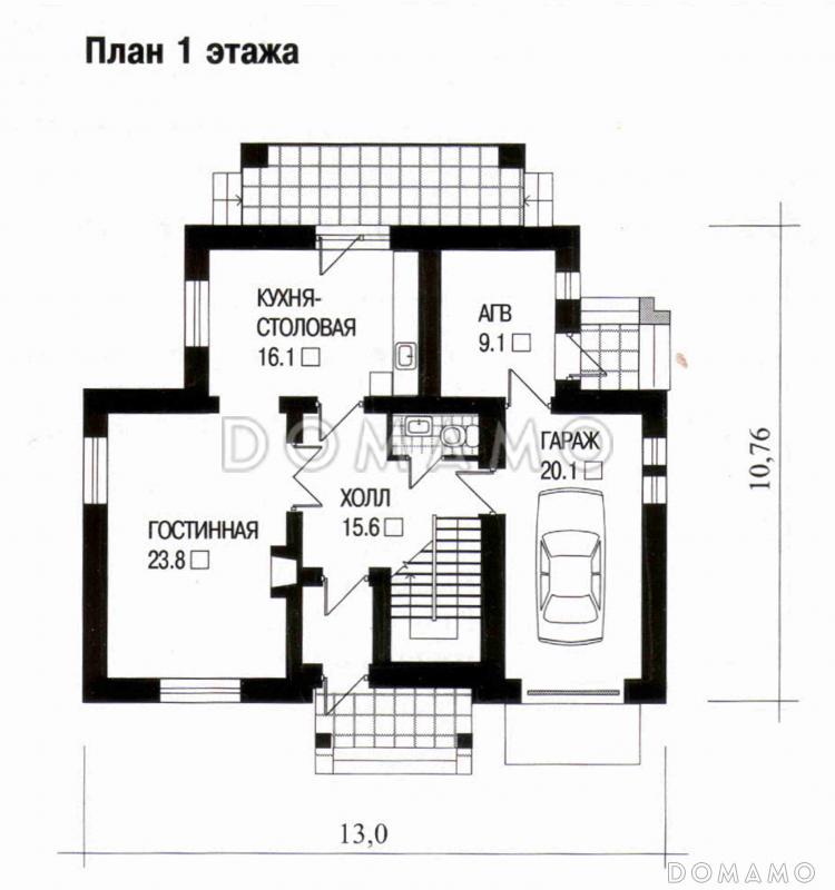 Проект дома с частичной облицовкой фасада облицовочным кирпичом / План 1 этажа