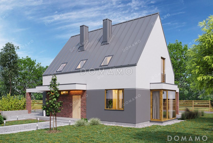 Проект дома с мансардой и навесом для авто