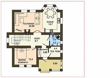 Проект облицованного кирпичом дома с панорамным эркером в кухне / План 1 этажа