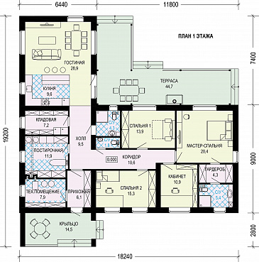 Проект одноэтажного газобетонного дома в стиле хай-тек с плоской кровлей и просторной террасой / План 1 этажа