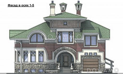 Проект коттеджа с круглой гостиной и гаражом / Фасад 1