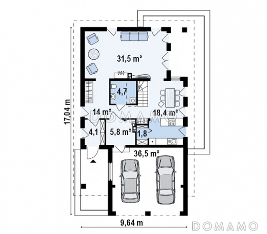 Проект одноэтажного мансардного дома из газобетона с крытой угловой террасой и большой открытой террасой над гаражом / План 1 этажа