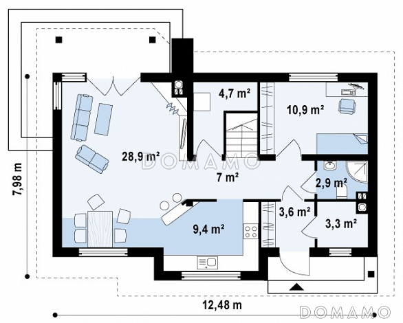 Проект традиционного мансардного дома из газобетона с дополнительной спальней на первом этаже / План 1 этажа