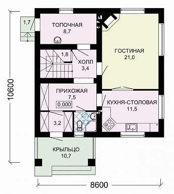 Проект дома с тремя спальными комнатами на мансардном этаже / План 1 этажа