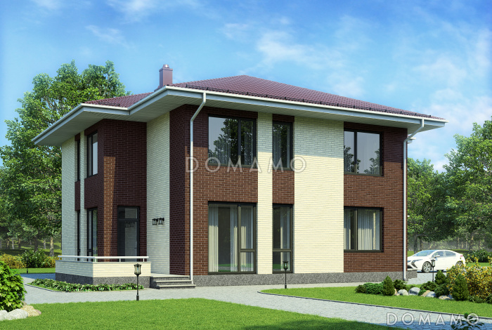 Проект двухэтажного дома по технологии ЛСТК с окнами в пол в гостиной