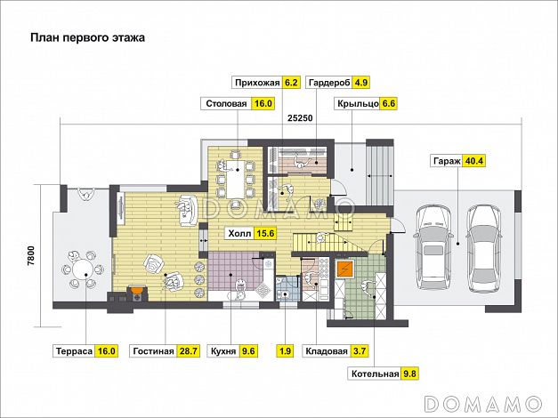 Проект дома с косой крышей, гаражом на две машины, просторной гостиной с камином, хозяйской спальней с камином и балконом, крытой террасой / План 1 этажа