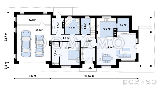 Проект красивого просторного двухэтажного коттеджа из газобетона с крытой террасой и гаражом / План 1 этажа