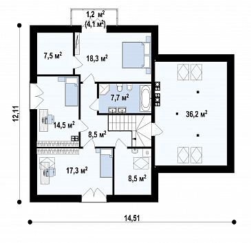Проект загородного дома с подвалом, гаражом, террасой, кладовой на кухне, балконом / План мансардного этажа