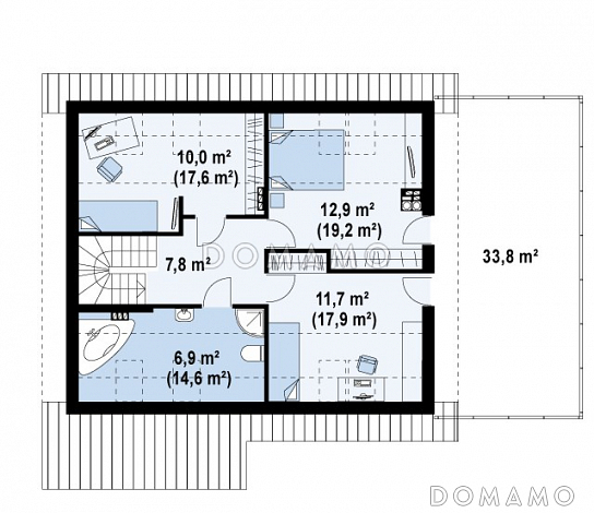 Проект одноэтажного мансардного дома из газобетона с террасой над гаражом  / План мансардного этажа