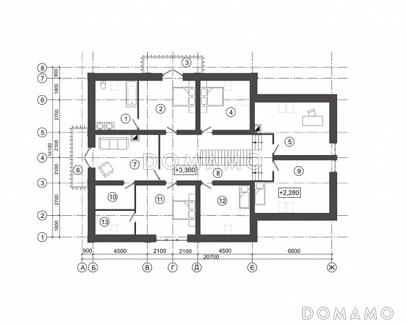 Проект загородного дома с лепниной на фасаде / План мансардного этажа