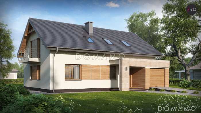 Проект загородного дома с мансардными окнами, балконом, террасой, гаражом на одну машину