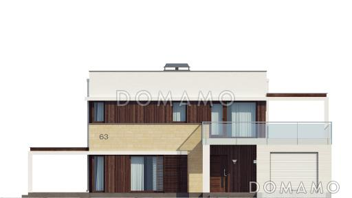 Проект современного двухэтажного дома из кирпича с плоской крышей с кабинетом, гаражом и крытыми террасами на обоих уровнях / Фасад 1