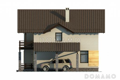 Проект двухэтажного коттеджа с облицовкой клинкером и с навесом для автомашины / Фасад 3