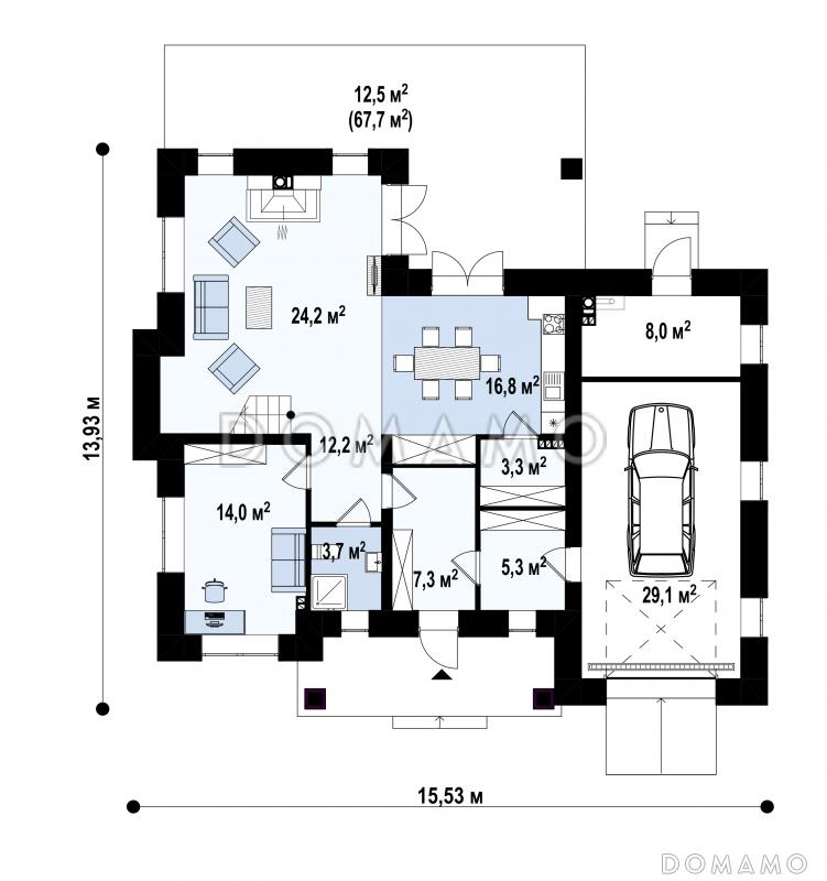 Проект двухэтажного дома с мастер-спальней с выходом на террасу, гостиной с камином, кладовой, гаражом для одной машины / План 1 этажа