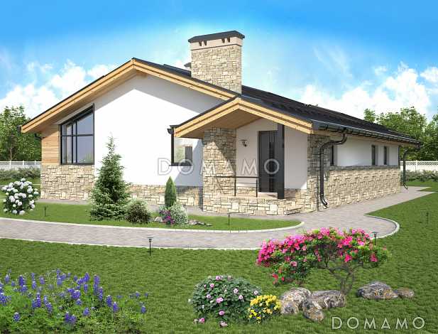 Проект одноэтажного дома из SIP панелей с крытой террасой, сауной, тремя спальнями, большой кухней-столовой