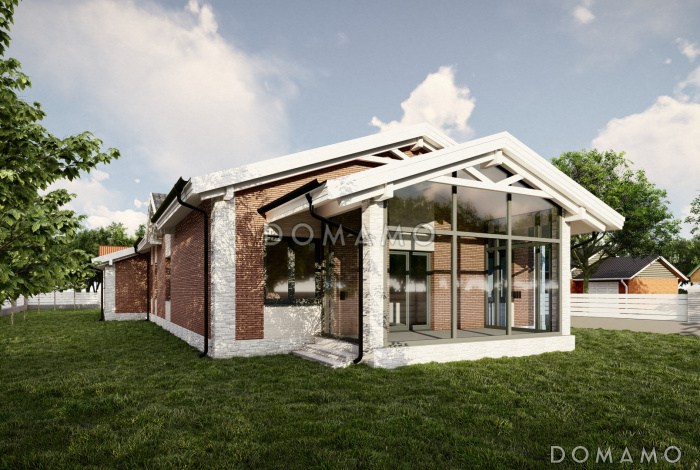 Проект одноэтажного дома с мастер-спальней, кабинетом, гаражом на 2 машины и застекленной террасой