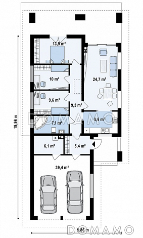Проект одноэтажного дома из газобетона с тремя спальнями, гаражом на два автомобиля и уютной крытой террасой / План 1 этажа