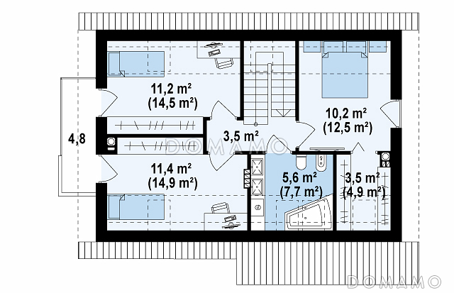 Проект одноэтажного мансардного дома из кирпича c отделкой фасадов облицовочным кирпичом с кабинетом и тремя спальнями / План мансардного этажа