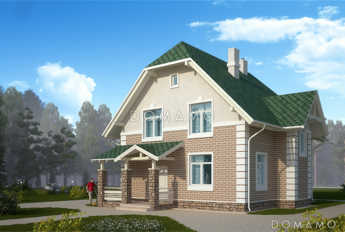 Проект уютного компактного коттеджа с зеленой крышей и панорамным эркером гостиной