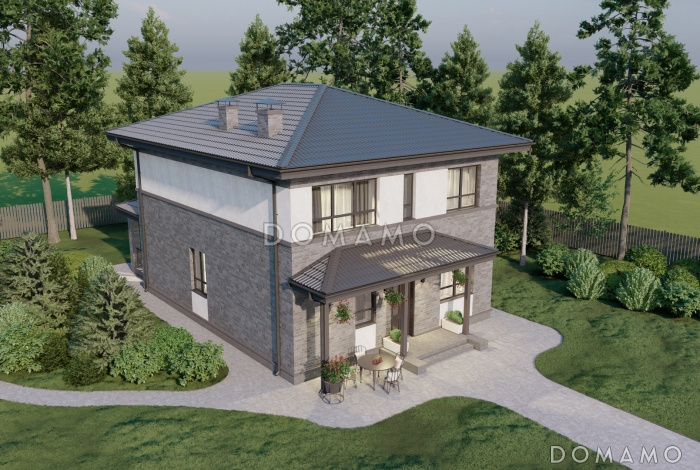 Проект двухэтажного газобетонного дома с крытой террасой и четырьмя спальнями на втором этаже