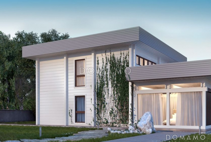 Проект двухэтажного дома из клееного бруса с панорамным остеклением в спальне