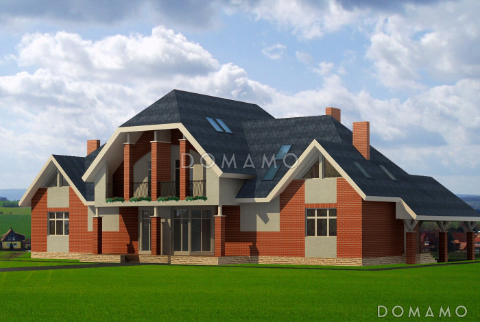 Проект дома с эркером в гостиной, комнатой на первом этаже, террасой, балконом, чердаком