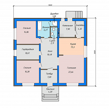 Проект загородного дома с ванной и душевой, просторной гостиной, гардеробной с окном, кладовой в котельной / План 1 этажа