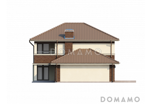 Проект современного каркасного двухэтажного дома с четырьмя спальнями, кабинетом и пристроенным гаражом / Фасад 3