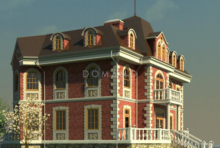 Проект двухэтажного дома с цоколем и мансардой, с сауной, бассейном и вторым светом 