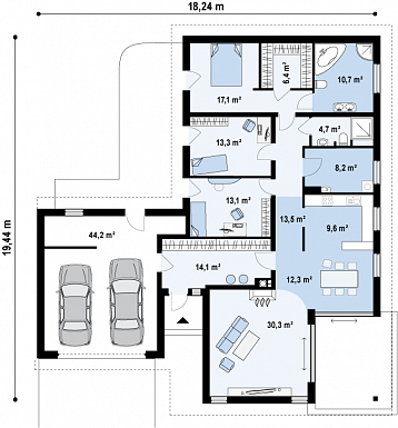 Проект просторного одноэтажного дома из кирпич с тремя спальнями, большой гардеробной и гаражом на два автомобиля / План 1 этажа