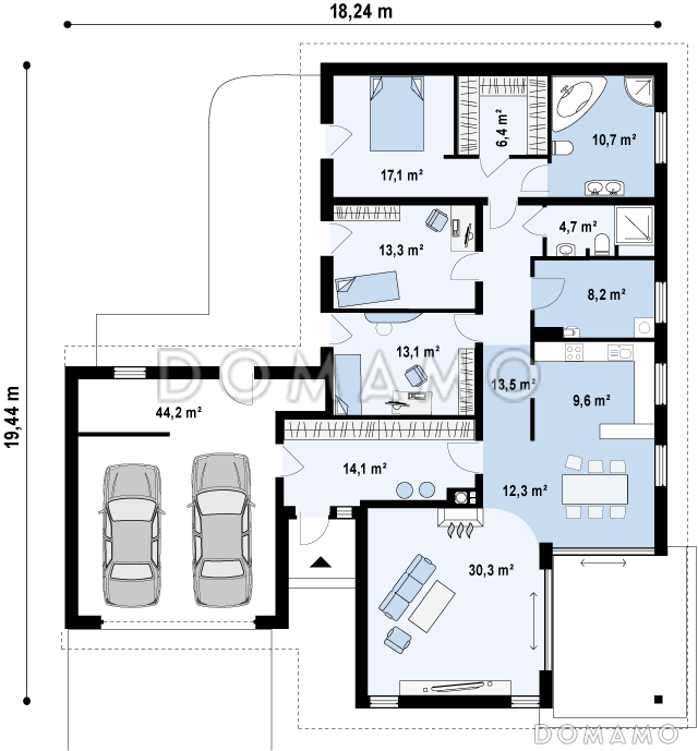 Проект просторного одноэтажного дома из кирпич с тремя спальнями, большой гардеробной и гаражом на два автомобиля / План 1 этажа