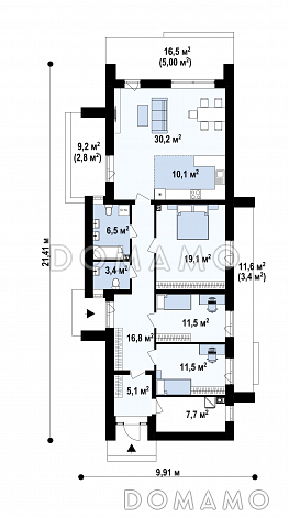 Проект загородного дома для узкого участка с террасами, двумя санузлами, объединенной кухней и гостиной / План 1 этажа