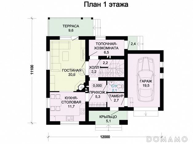 Проект коттеджа с красной двускатной крышей, тремя спальными комнатами, балконом и гаражом / План 1 этажа