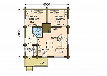 Проект одноэтажного дома из бруса с двумя жилыми комнатами  / План 1 этажа