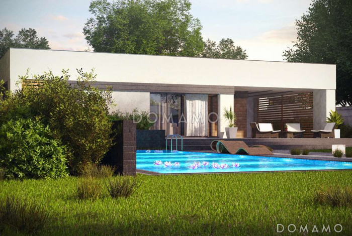 Проект современного одноэтажного дома из газобетона с тремя спальнями и оригинальным навесом для автомобиля совмещённым с террасой