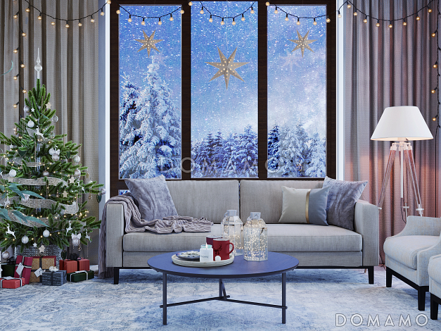 Проект дома с косой крышей, детскими комнатами, террасой, большой гостиной-столовой