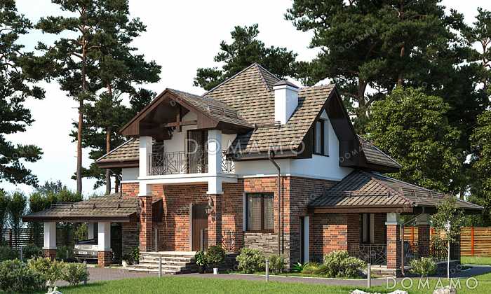 Проект дома с навесом для автомобиля, крытой террасой и двумя балконами на мансарде