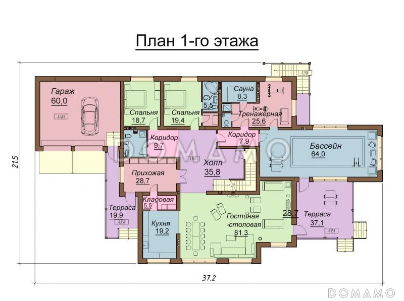 Проект двухэтажного дома с цокольным этажом, бассейном и гаражом на два автомобиля / План 1 этажа
