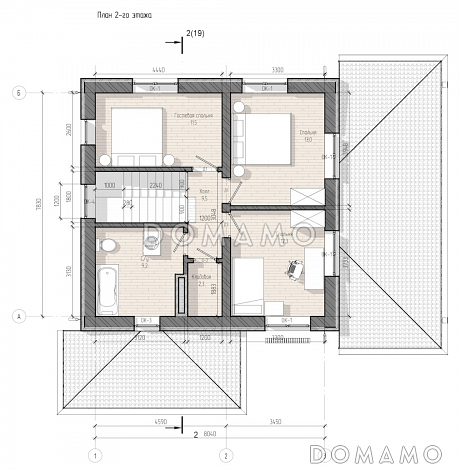 Проект двухэтажного дома с четырьмя спальнями и большой крытой террасой / План 2 этажа