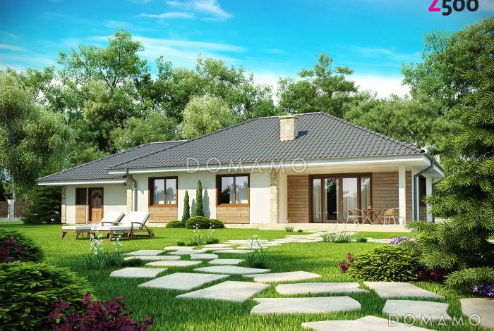 Проект одноэтажного дома из кирпича с тремя спальнями и гаражом на два автомобиля, с возможностью обустройства мансарды