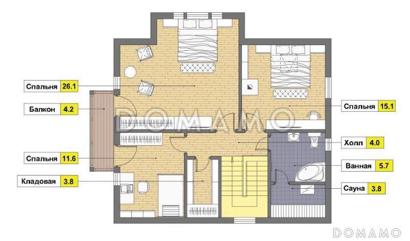 Проект дома из пеноблоков в стиле фахверк с сауной на мансардном этаже / План мансардного этажа