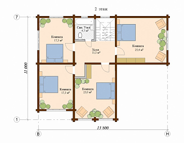 Проект деревянного дома с камином / План мансардного этажа