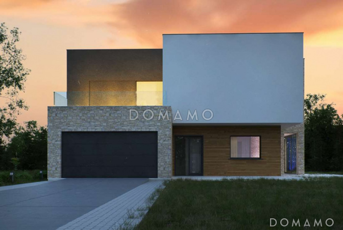 Проект просторного двухэтажного коттеджа из газобетона в стиле Хай-Тек с бассейном на цокольном этаже