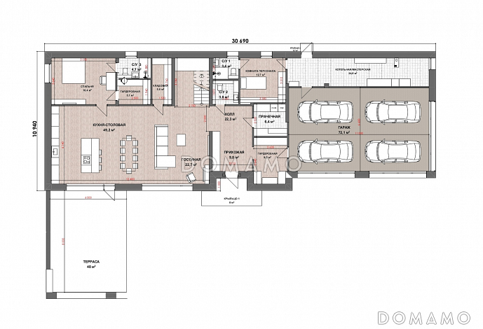 Проект дома с 4 спальнями, гаражом на 4 машины и мастерской / План 1 этажа