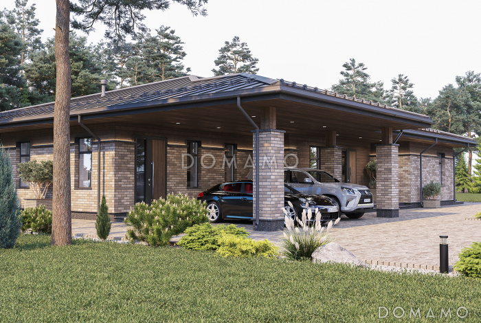 Проект одноэтажного дома с навесом для автомобилей, барбекю на террасе, сауной и 3 спальнями