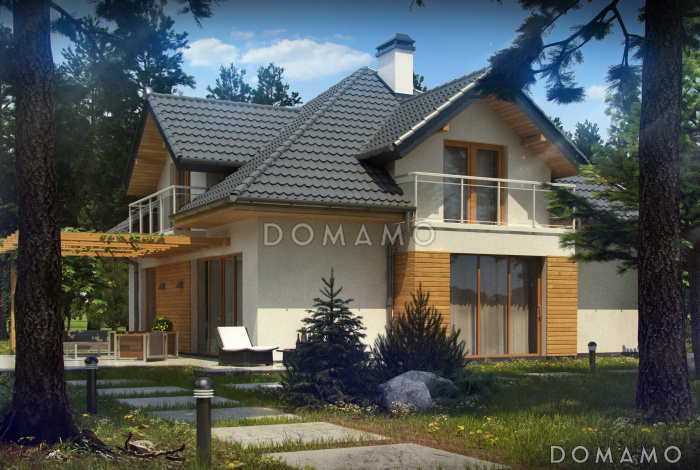 Проект классического одноэтажного мансардного дома из газобетона с дополнительной спальней на первом этаже, с тремя балконами и гаражом на два автомобиля