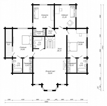 Проект дома из клееного бруса с эффектной зоной второго света / План 2 этажа
